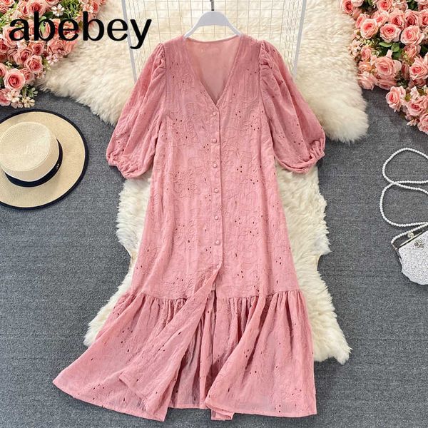 

summer casual solid short lady dress a line v neck hollow out single breasted women mid-calf dresses 210715, Black;gray