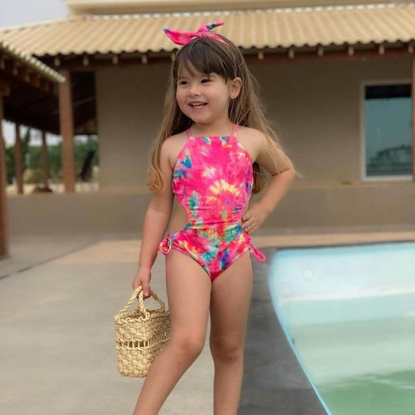 

tie-dye print swimsuit toddler kids baby girls backless one-piece bikini girl halter swimwear summer beach swimming beachwear one-pieces, Black