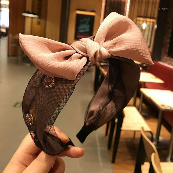 

summer korean girl simple lace net yarn imitation silk headwear rhinestone flowers hairbands women fashion hair accessories1