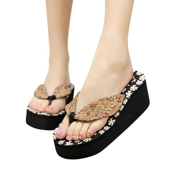 

slippers womail wedges for women vintage print summer flip flops beach shoes roman style slipper womens, Black