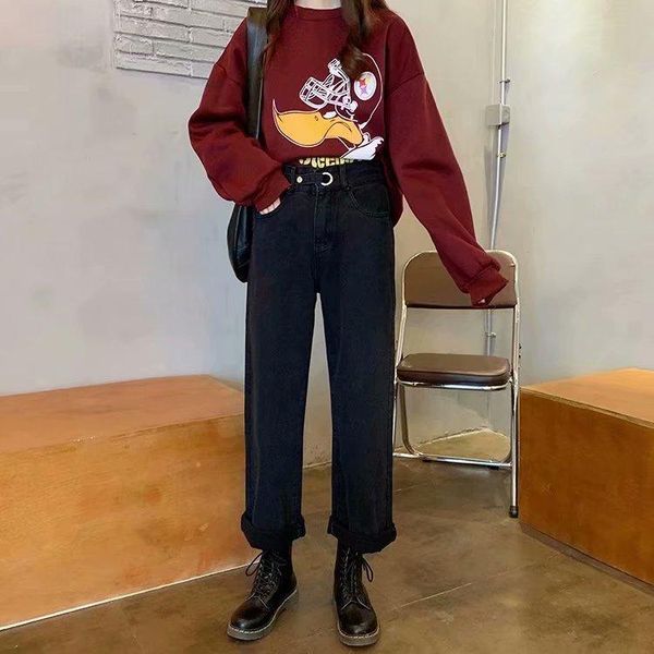 

women's jeans 2021 women fall/winter high waist slim and loose retro wide-leg straight trousers, Blue