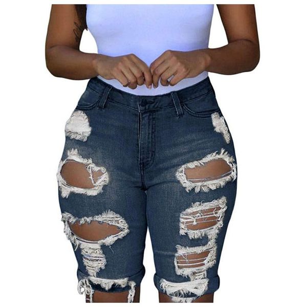 

women's jeans women elastic destroyed hole leggings short pants denim shorts ripped zipper plus size blue