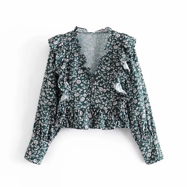 

dresses floral printed long sleeves v-neck ruffled crop shirt vintage women shirts femme mujer blouse blusas, Black;gray