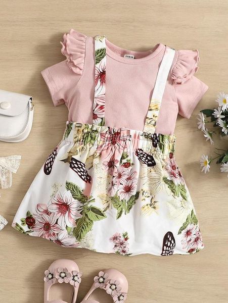 

baby ruffle trim bodysuit & floral print pinafore skirt she01, White