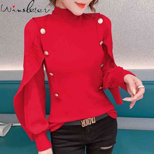 

women's t-shirt spring fall korean style chiffon girls chic ruffles button pathwork women puff sleeve tees t11702a 0hpp, White