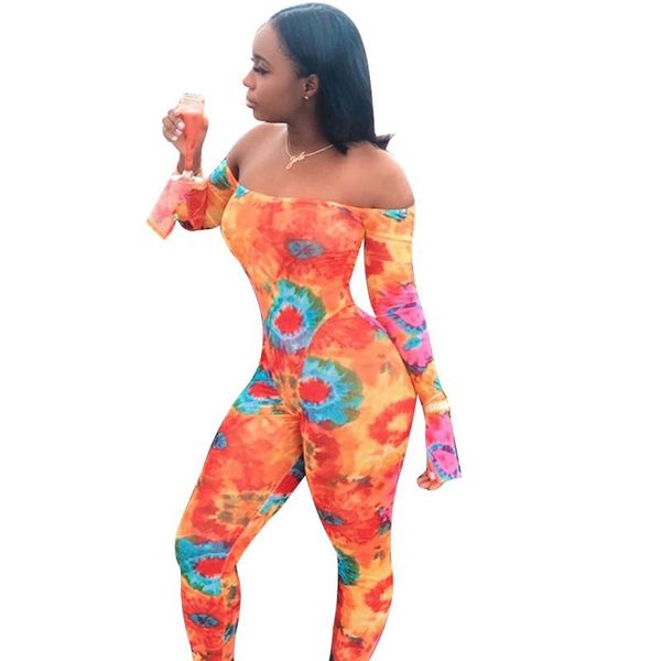 

women's jumpsuits & rompers tie dye print off shoulder women jumpsuit slash neck long flare sleeve skinny romper fashion night club ove, Black;white