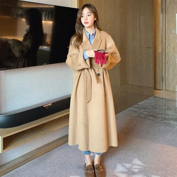 

women's wool & blends 2021 khaki double-sided cashmere 51-70%wool coat autumn winter temperament knee-length mid-length woolen k916, Black