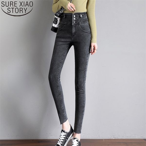 Autunno Jeans Donna Vita alta Moda Fibbia Bottone Elastico Sottile Pantaloni a matita stretti Nero Grigio Skinny 10836 210506