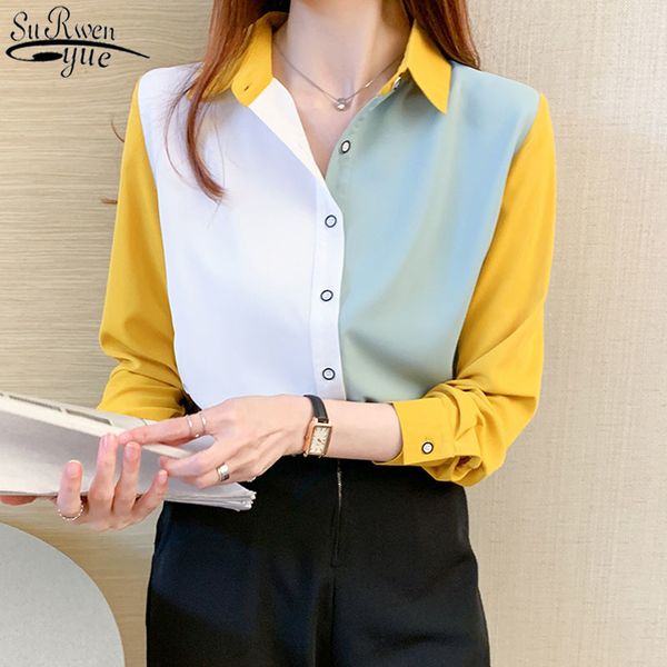 

korean long sleeved chiffon shirt women splicing color singel breasted women's blouse autumn lapel female blusas 11987 210417, White