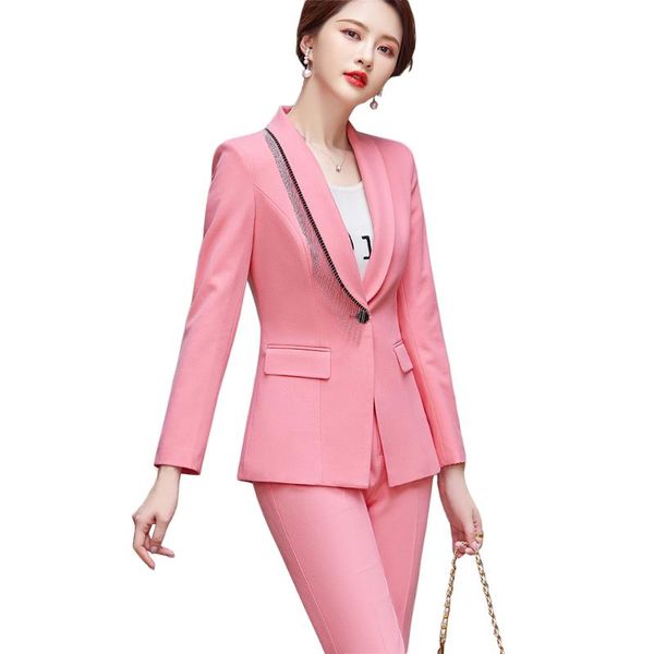 

women's two piece pants elegant black green pink ladies blazer jacket and pant suit trousers women female formal office work 2 set with, White