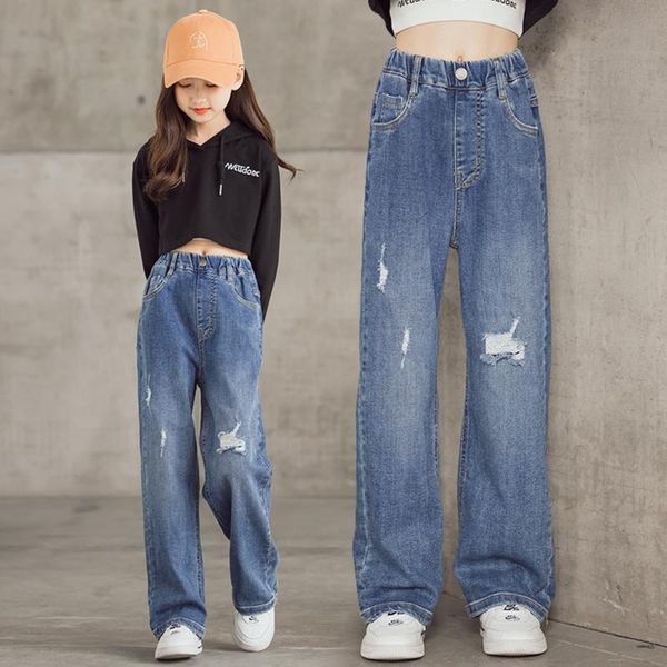 

jeans arrival girls wide leg pants straight cotton children loose ripped denim trousers fashion kid big clothing, Blue