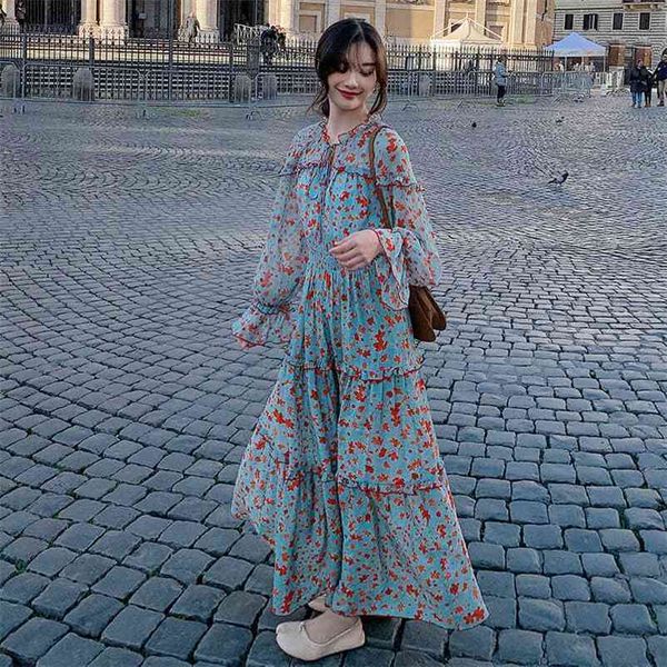 

women spring autumn floral print long chiffon boho dress female sleeve casual maxi dresses ladies vintage vestidos 210517, Black;gray