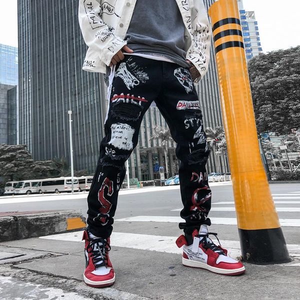 

men's jeans high street hole retro graffiti black skull original straight slim punk pants calca masculina denim trousers, Blue