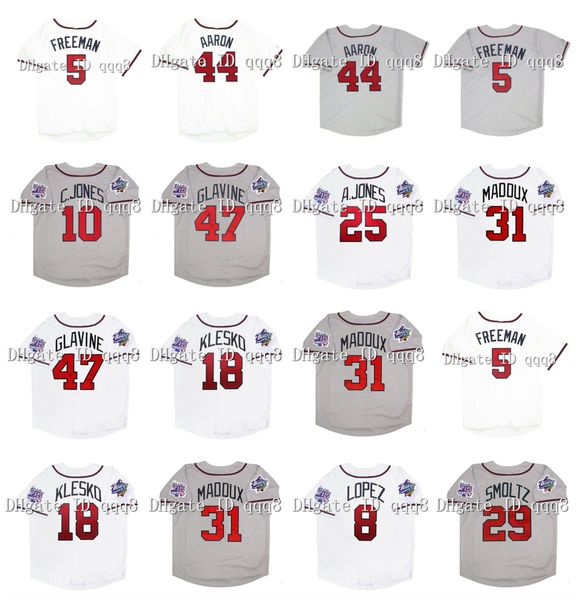 

vintage 1999 atlanta baseball jersey 44 hank aaron 5 freddie an 29 john smoltz 6 bobby cox 27 fred mcgriff 47 tom glavine 8 javy lopez maddu, Blue;black