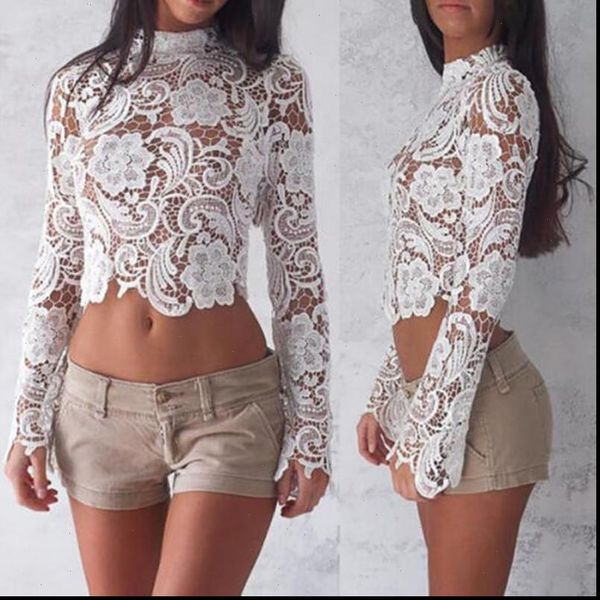 

floral hollow womens shirt out lace crop elegant long sleeve white blouse