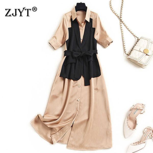 

fashion woman clothes designers short sleeve patchwork solid lace up summer shirt dress office casual vestidos 210601, Black;gray