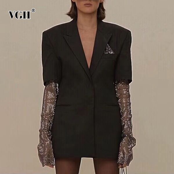 

vgh patchwork diamond blazer for women notched long sleeve plus size black blazers female fall fashion new tide clothing 210421, White;black