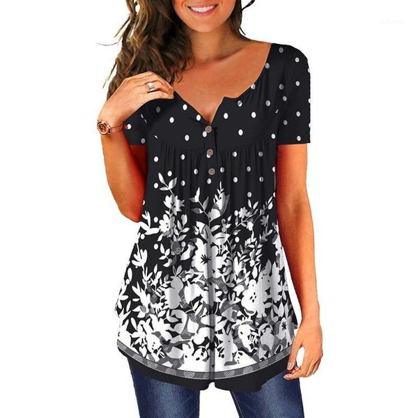 

harajuku t-shirt womens casual shirt o-neck floral dot printed shirts tunic buttons short sleeve t-shirts woman clothing women's, White