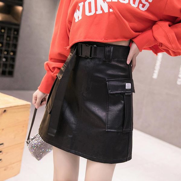 

women high waist black pu leather skirt with belt slim casual streetwear punk gothic club mini skirts female a-line