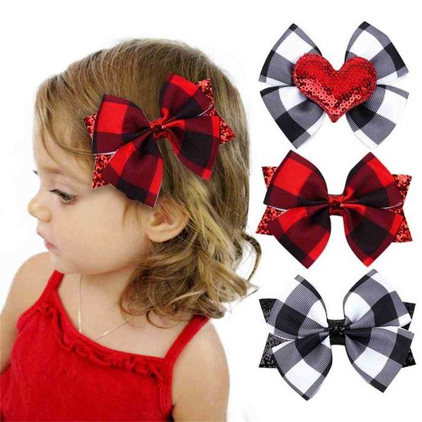 

baby toddler girl's buffalo plaid check hair bow clips sequins love heart cute hairpin classic red&black white&black barrette bobby pin, Slivery;white