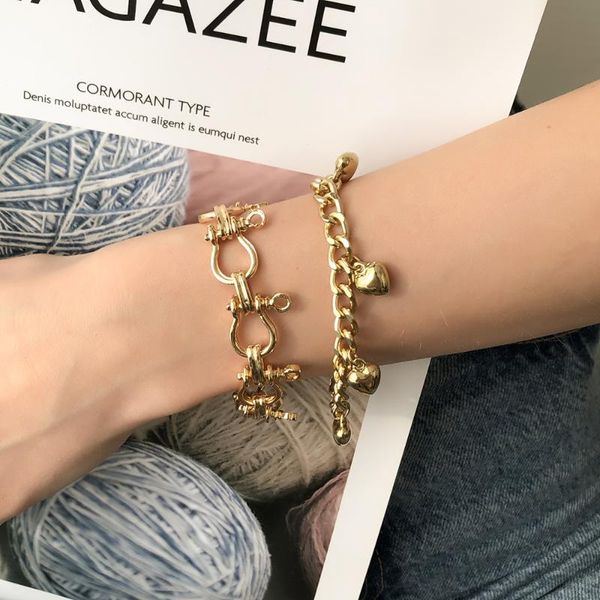

charm bracelets 2021 trendy 2pcs/set women's bracelet with love heart pendant individual design lock chain jewelry wholesale, Golden;silver