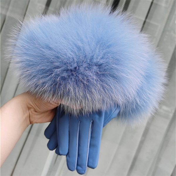 

mittens female luxury real leather gloves with fox fur cuff women warm winter genuine ladies casual hand warmer hkpx, Blue;gray
