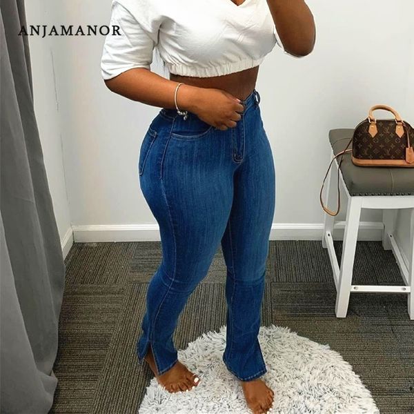 

anjamanor side split skinny jeans for women fall 2021 black blue high waisted er stretchy denim pencil pants d22-ci50
