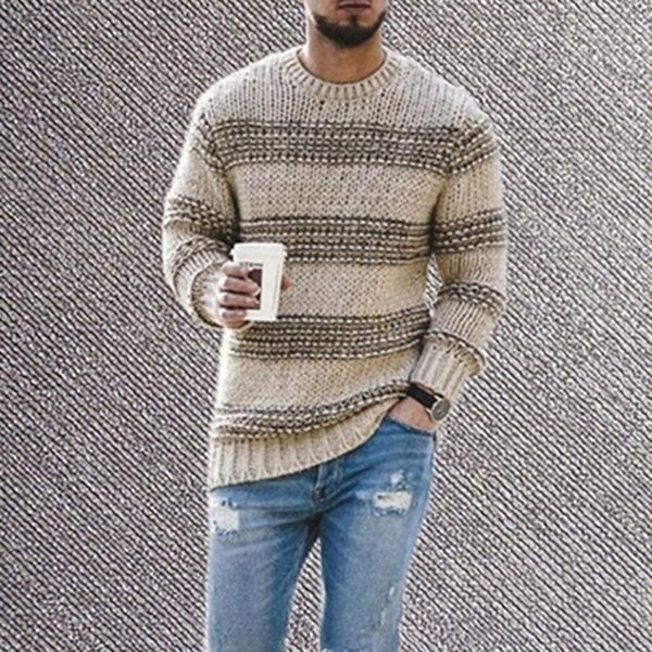

men's sweaters autumn 2021 europe america knitting sweater stripe loose casual round neck long sleeve solid color simplicity, White;black