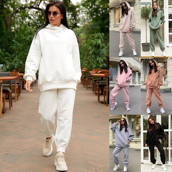 

malina casual solid hooded sweatshirt womenpant sets fashion loose suit elegant pants suits female ladies, White