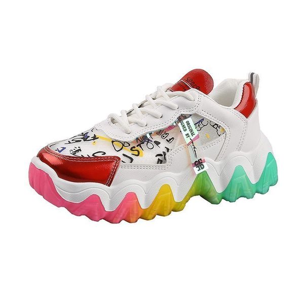 

New Fashion Rainbow Soled Walking Footwear Women Casual Wedge Sneakers Female Old Dad Shoes Outdoor Casual Women Sports Trainers, Red
