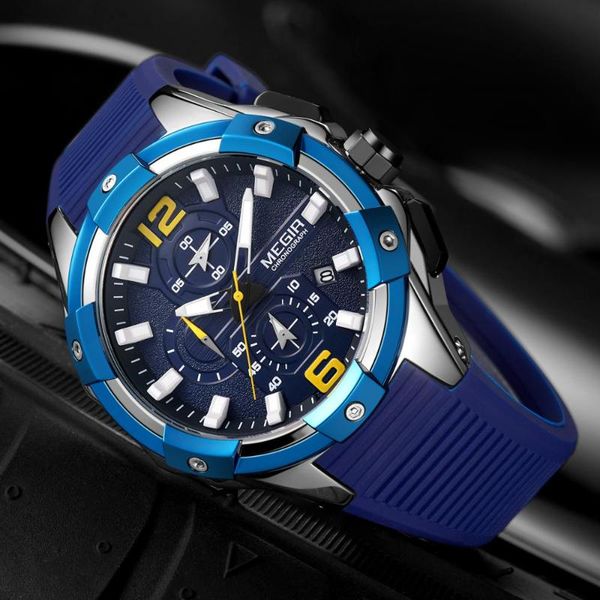 Relógios de pulso 2021 mens relógios Megir Top Marca Silicone Strap Chronograph À Prova D 'Água Quartzo Esporte relógio para homens Relogio Masculino