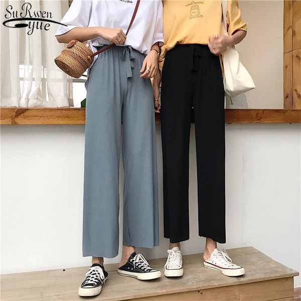 

women's pants & capris korean style loose casual ankle-length 2021 spring summer high waist women elastic straight trousers 9953, Black;white