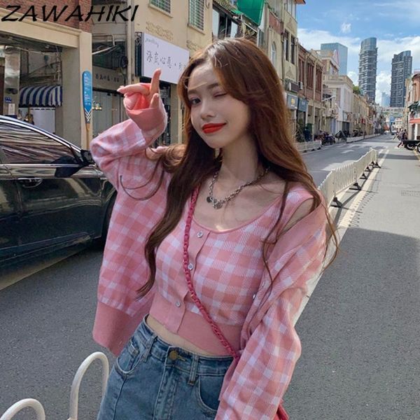 

women's knits & tees zawahiki japanese sweet knitted cardigan spring v neck long sleeve single breasted plaid short woman sweaters two, White
