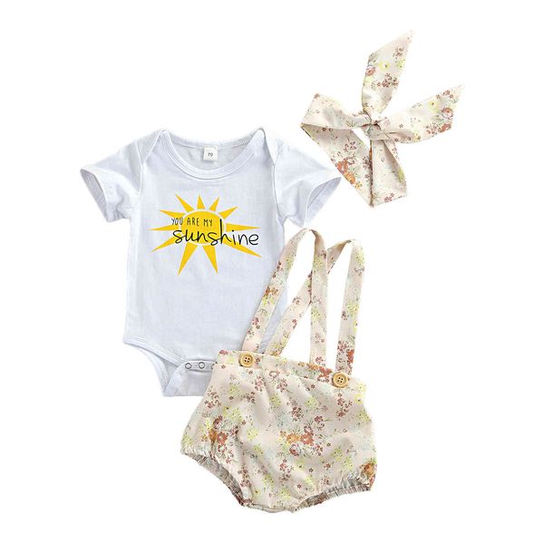 

0-18m summer born infant baby girls clothes set short sleeve romper flower overall shorts outfits costumes 210515, White