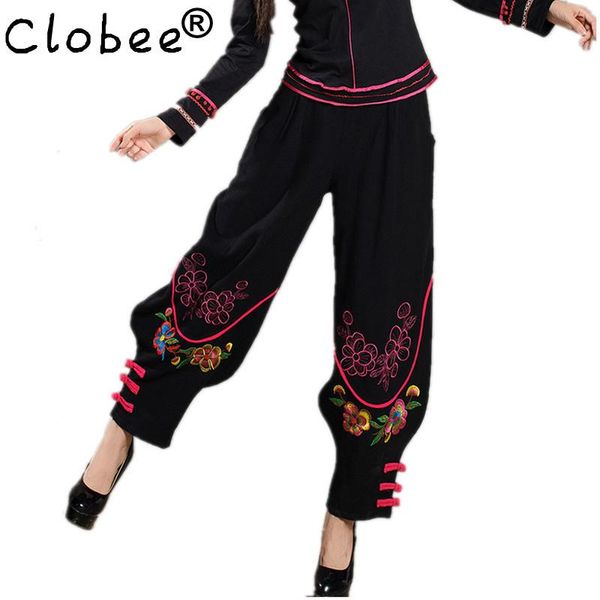 

women's pants & capris women chinese traditional embroidery harem 2021 black wide leg bloomers elastic waist linen casual autumn trouse, Black;white