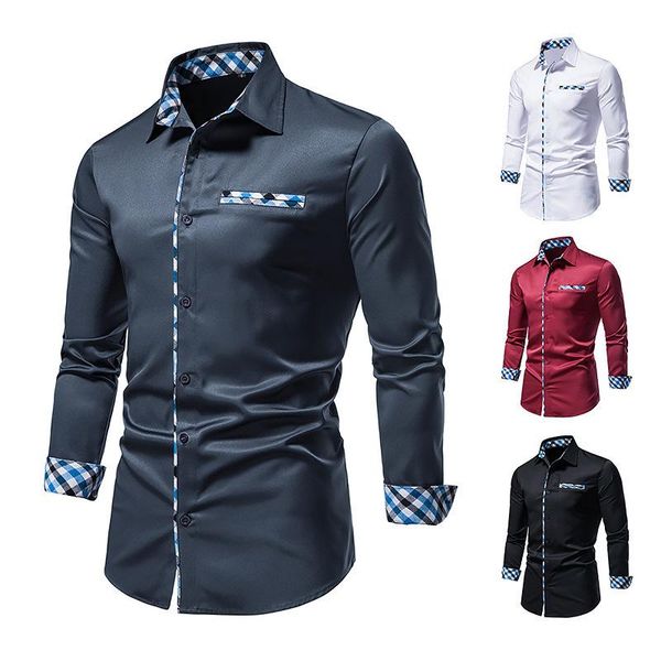 

men's dress shirts men shirt long sleeve fashion blended four seasons buttons plaid contrast color pocket lapel collar business slim fo, White;black