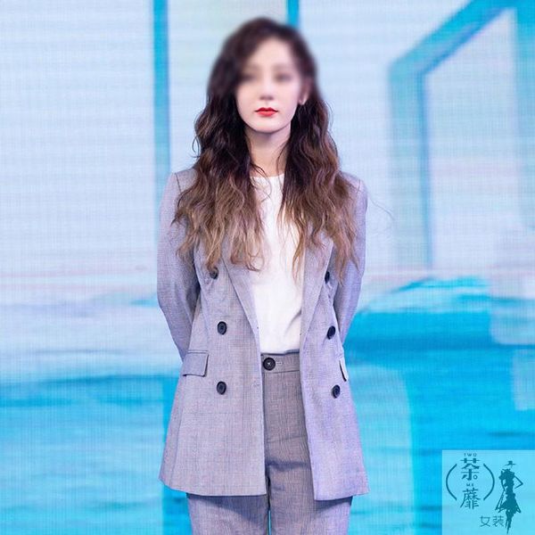 

two piece dress 2021 fashion star with gray plaid suit jacket female professional pants two-piece, White