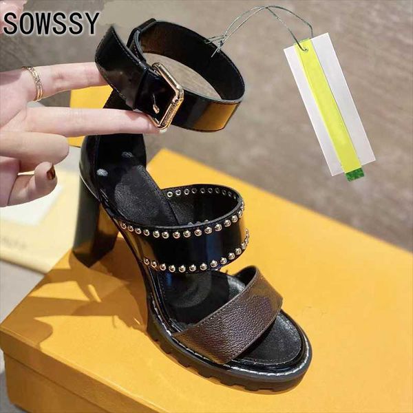 

sandals 2021 summer studded women's open toe genuine leather high heels shoes fashion ankle buckle female pumps, Black