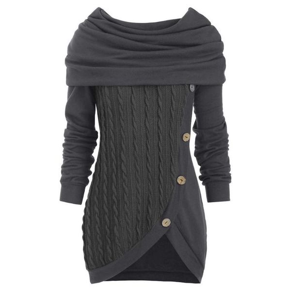 

women's sweaters autumn and winter large size solid color stitching button decoration piled collar hooded irregular knitted sweater, White;black