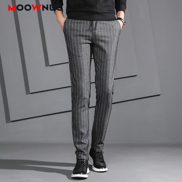 

men's pants suits autumn trousers straight long streetwear striped fashion elastic masculino slim business casual male moownuc, Black