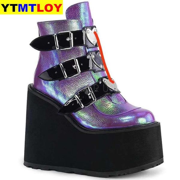 

boots ankel high heels pu women botas mujer plus size winter metal buckle punk female platform wedges, Black