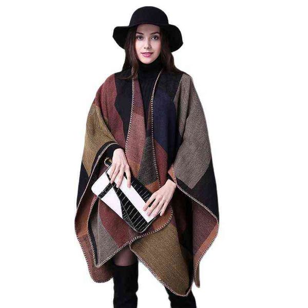 

blanket scarf fall winter national wind fork thicker cloak thick wrap poncho women plaid travel shawl imitation cashmere capes h1123, Blue;gray