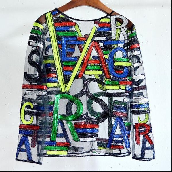 

autumn womens shirts lady long sleeve sequined blouse women shiny bling femlae 3d embroidery trasparent top, White