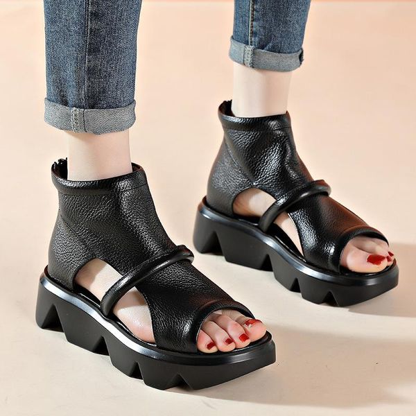 

spring/summer 2021 fashion 5.5cm flat platform sandals women chunky genuine leather hollow peep toe female zip, Black