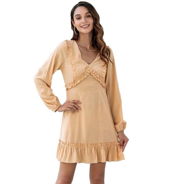 

casual dresses women puff long sleeves deep v neck tunic dress solid color party sundress e56c, Black;gray