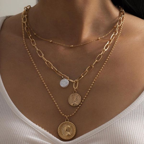 

chains 3pcs/set gold color bead chain choker necklace multi layered carved coin human head pearl pendant necklaces jewelry accessories, Silver