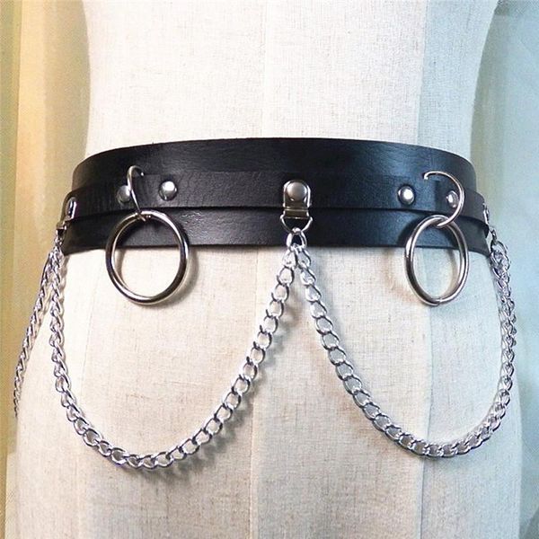 

belts handmade leather waist belt harness punk circle chain metal link, Black;brown