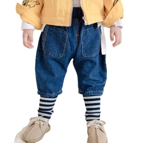 

jeans autumn baby boys patchwork children's big pocket threaded pants fashion girls leggings toddler clothes 1-6 years, Blue