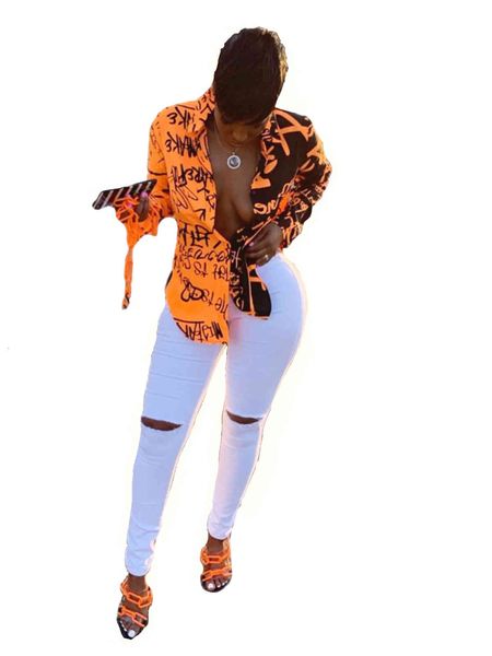 

organge and black spliced letter printed women shirts lapel neck long sleeves lady blouse for nightclub real pictures autumn e, White