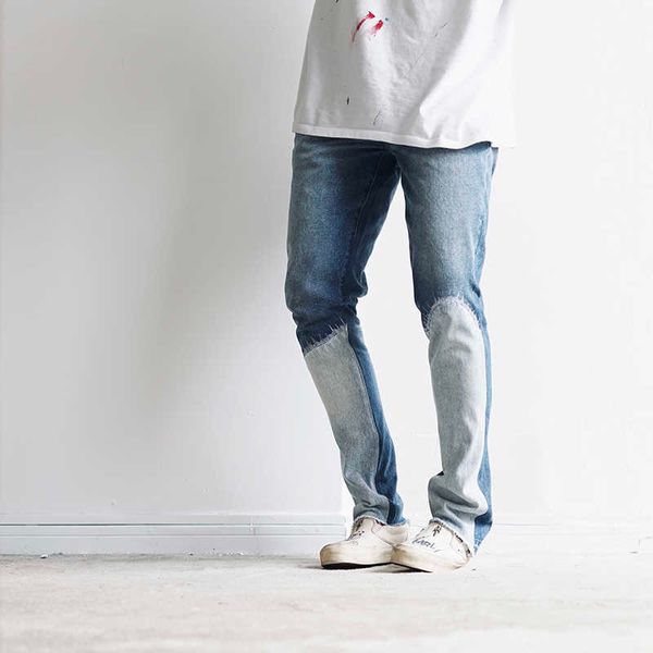

gallery high street wash stitching deconstruction slim fit cat beard rough edge damage jeans casual pants qop6, Blue